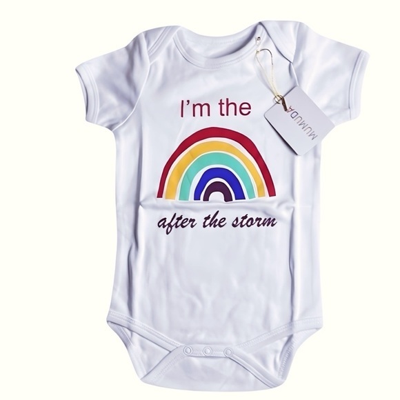 Organic Cotton Onesie 6-12M: "I'm the 🌈 After the‎ Storm” - Picture 1 of 5